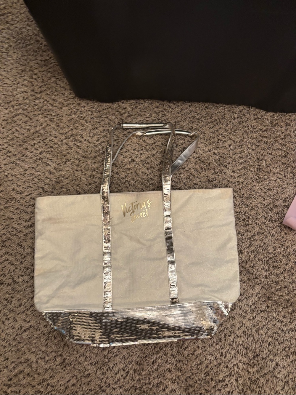 Victoria's Secret Cream Tote with Silver Sequin Accents